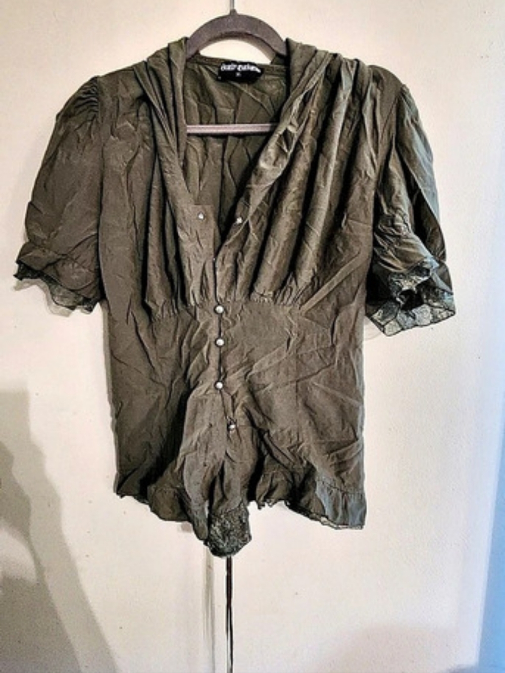 Scarlet Darkness Vintage Olive Green Peasant Blouse Lace Trim Corset Back XL